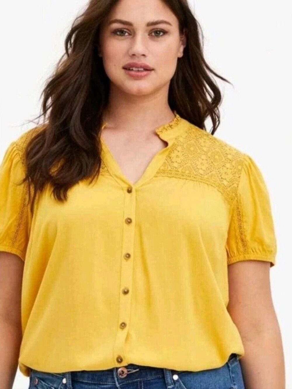 Torrid Yellow Lace Inset Short Sleeve V-neck Knit Top Shirt Blouse 3X